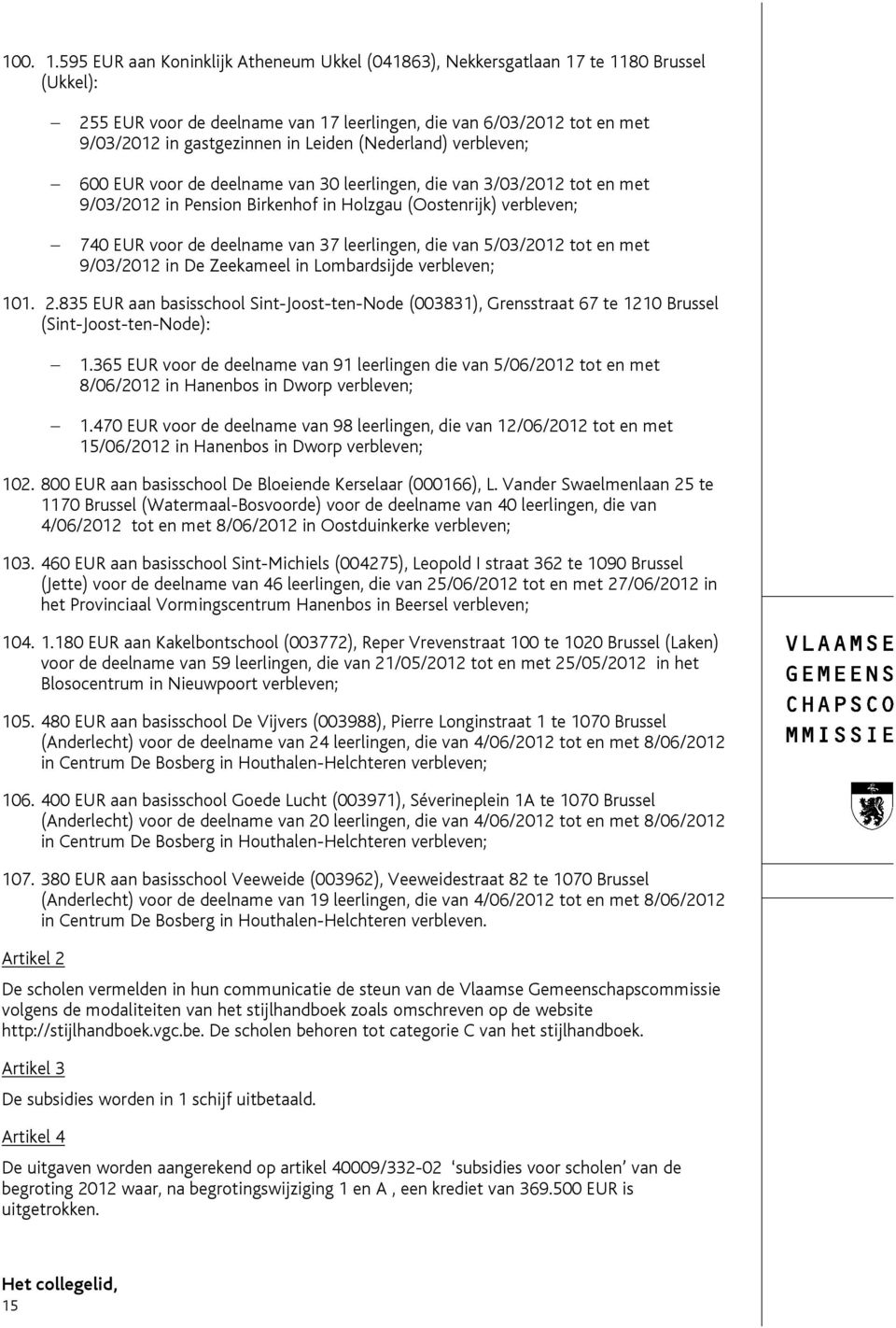 Leiden (Nederland) verbleven; - 600 EUR voor de deelname van 30 leerlingen, die van 3/03/2012 tot en met 9/03/2012 in Pension Birkenhof in Holzgau (Oostenrijk) verbleven; - 740 EUR voor de deelname