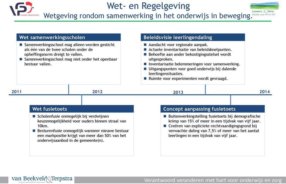 Samenwerkingsschool mag niet onder het openbaar bestuur vallen. Beleidsvisie leerlingendaling Aandacht voor regionale aanpak. Actuele inventarisatie van beleidsknelpunten.