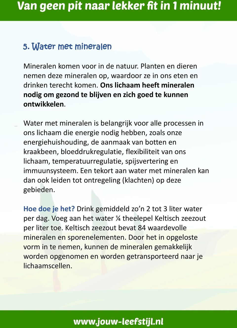 Water met mineralen is belangrijk voor alle processen in ons lichaam die energie nodig hebben, zoals onze energiehuishouding, de aanmaak van botten en kraakbeen, bloeddrukregulatie, flexibiliteit van