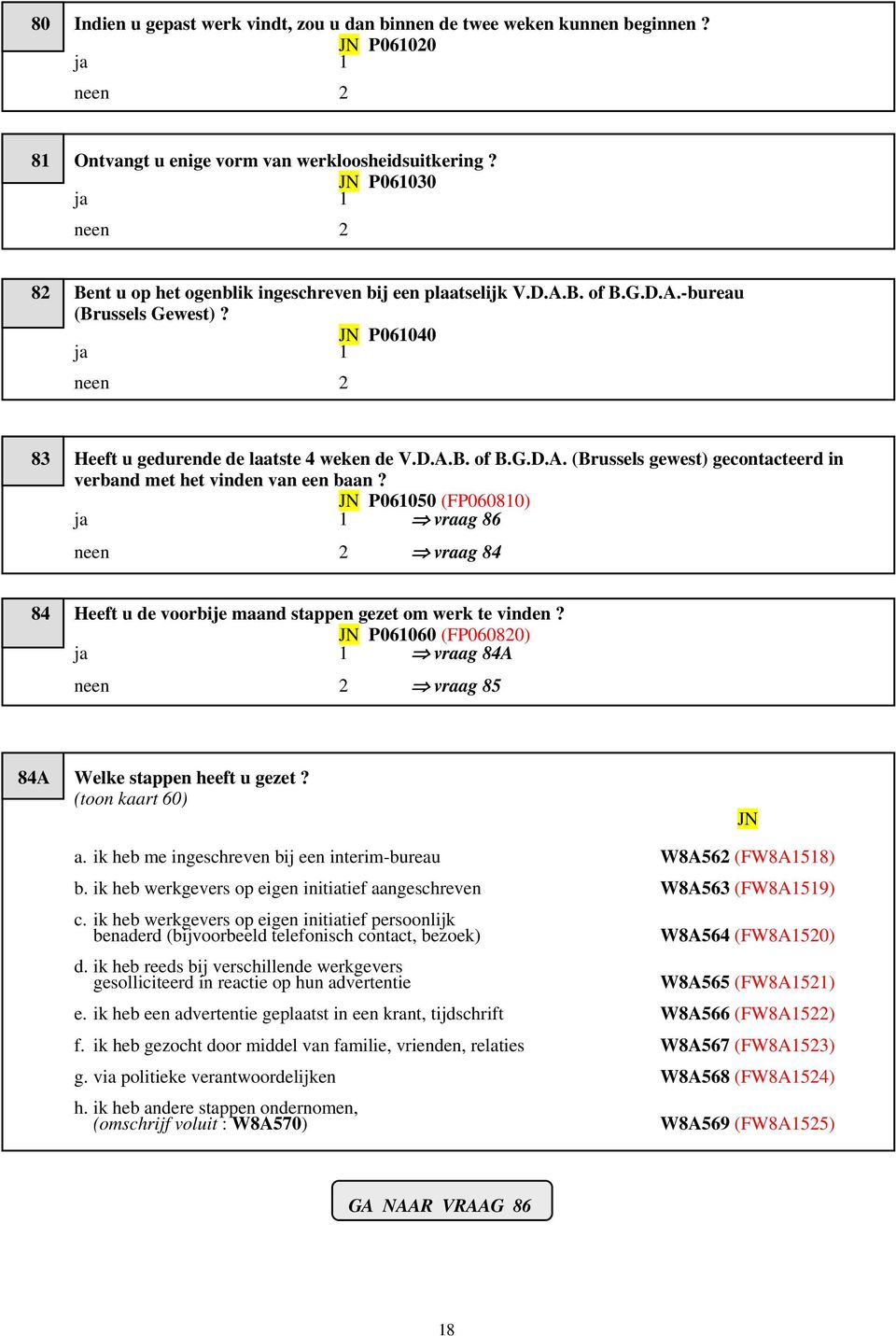 JN P061050 (FP060810) vraag 86 vraag 84 84 Heeft u de voorbije maand stappen gezet om werk te vinden? JN P061060 (FP060820) vraag 84A vraag 85 84A Welke stappen heeft u gezet? (toon kaart 60) JN a.