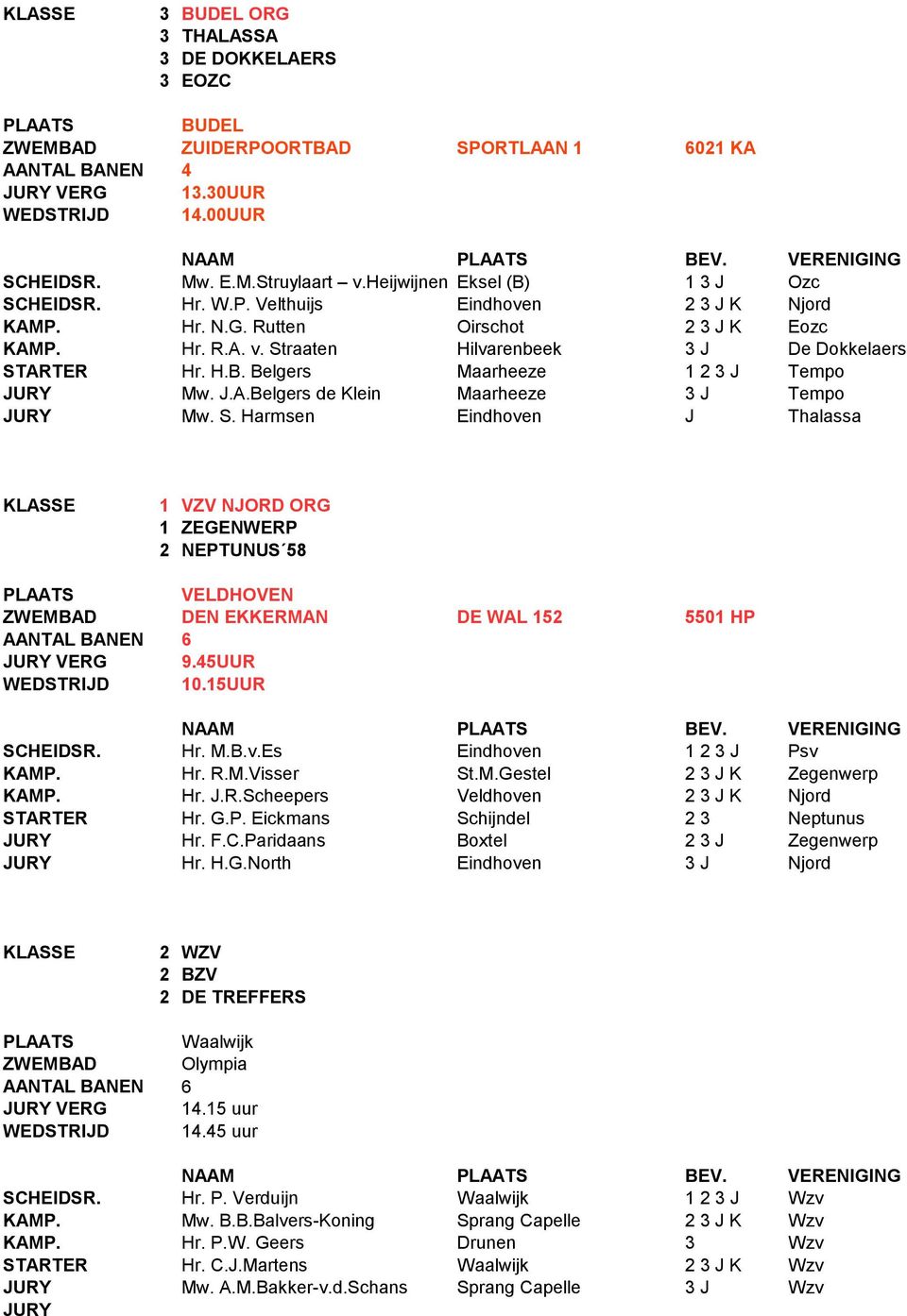 45UUR WEDSTRIJD 10.15UUR SCHEIDSR. Hr. M.B.v.Es Eindhoven 1 2 3 J Psv KAMP. Hr. R.M.Visser St.M.Gestel 2 3 J K Zegenwerp KAMP. Hr. J.R.Scheepers Veldhoven 2 3 J K Njord STARTER Hr. G.P. Eickmans Schijndel 2 3 Neptunus Hr.