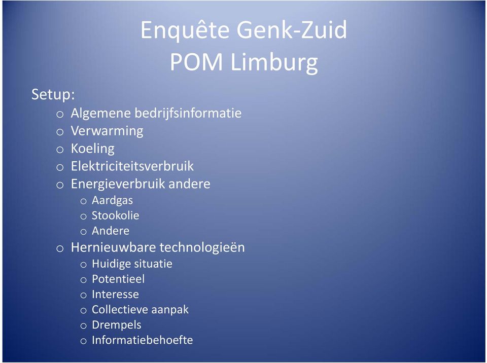 Aardgas o Stookolie o Andere o Hernieuwbare technologieën o Huidige