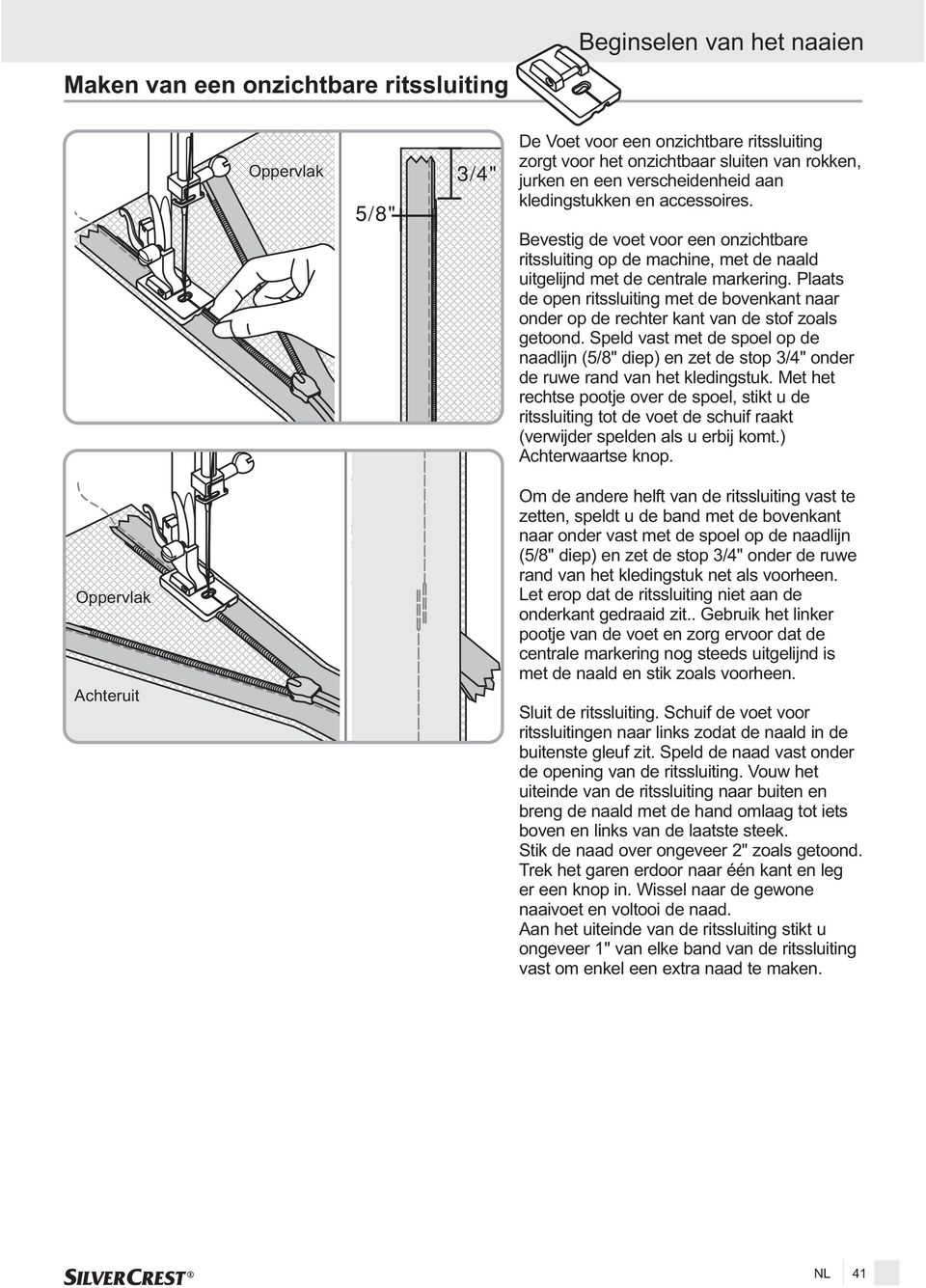 Plaats de open ritssluiting met de bovenkant naar onder op de rechter kant van de stof zoals getoond.