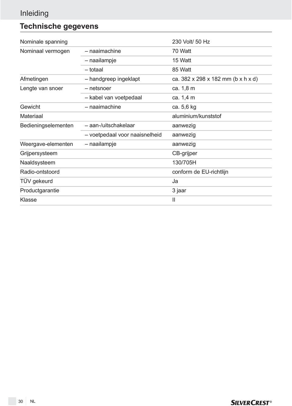 netsnoer kabel van voetpedaal naaimachine aan-/uitschakelaar voetpedaal voor naaisnelheid naailampje 230 Volt/ 50 Hz 70 Watt 15 Watt 85 Watt ca.