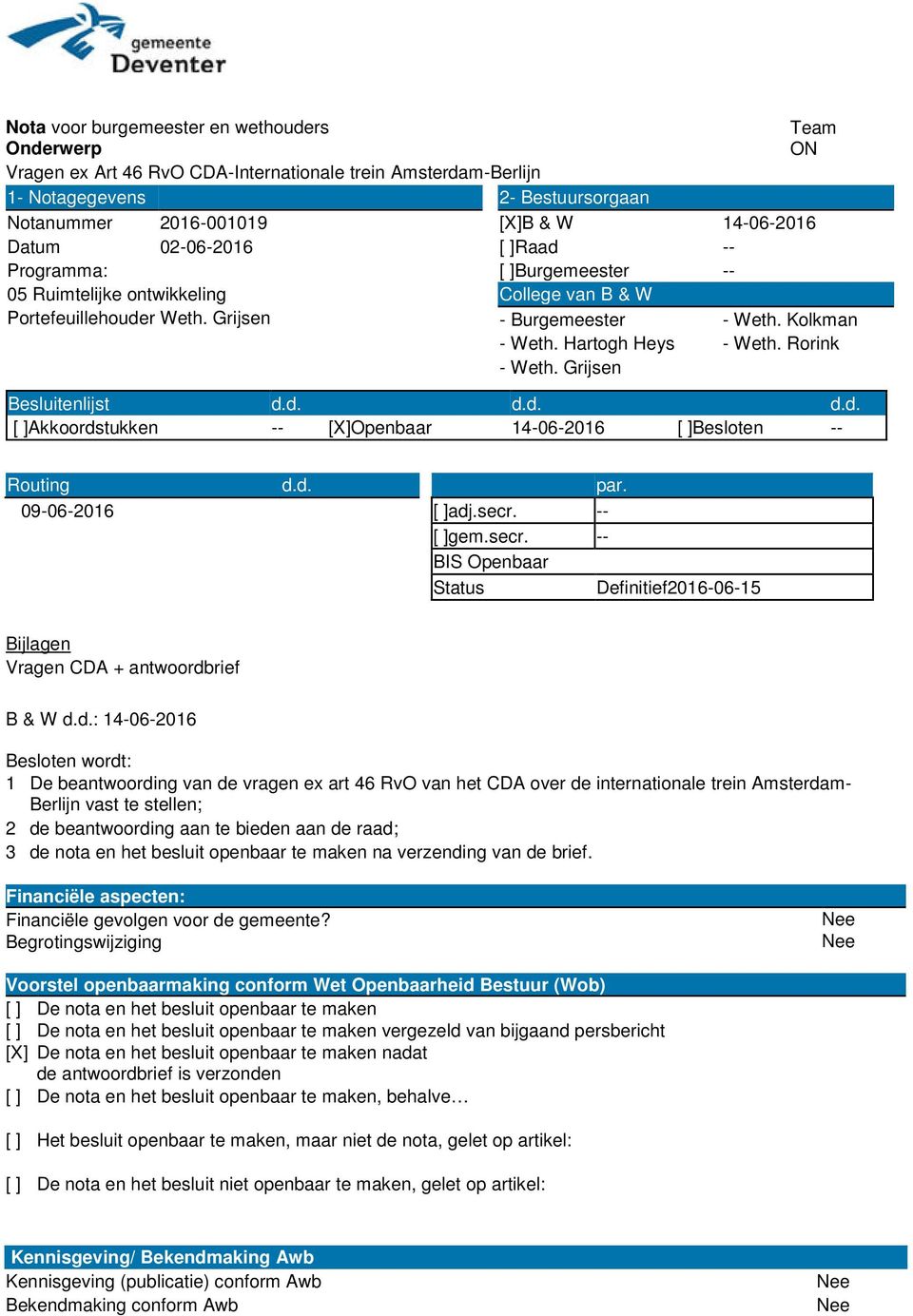 Rorink - Weth. Grijsen Besluitenlijst d.d. d.d. d.d. [ ]Akkoordstukken -- [X]Openbaar 14-06-2016 [ ]Besloten -- Routing 09-06-2016 d.d. par. [ ]adj.secr.