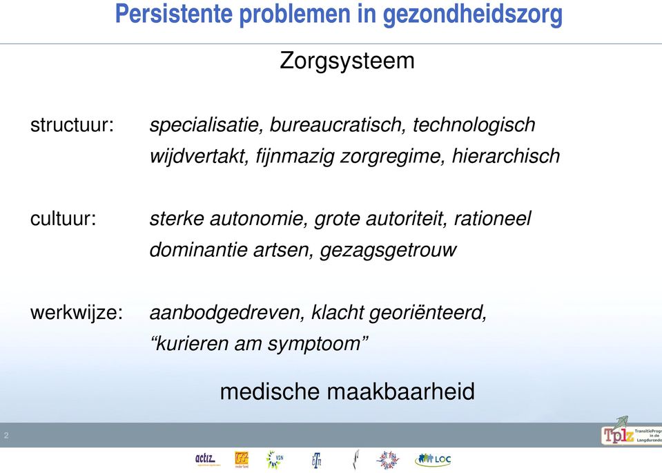 cultuur: sterke autonomie, grote autoriteit, rationeel dominantie artsen,