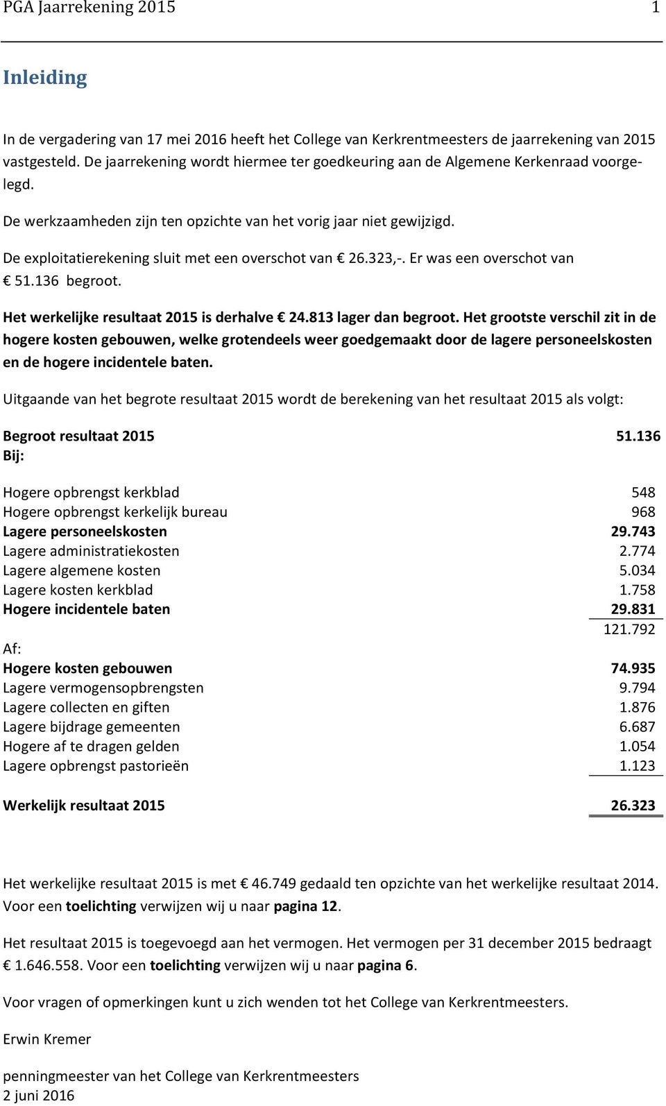 De exploitatierekening sluit met een overschot van 26.323,-. Er was een overschot van 51.136 begroot. Het werkelijke resultaat 2015 is derhalve 24.813 lager dan begroot.