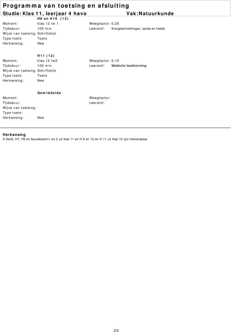 Medische beeldvorming Gemiddelde Weegfactor: Herkansing H 5en6, H7, H9