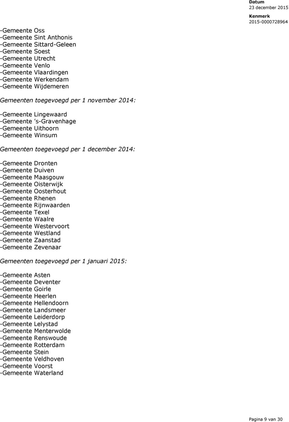 -Gemeente Oisterwijk -Gemeente Oosterhout -Gemeente Rhenen -Gemeente Rijnwaarden -Gemeente Texel -Gemeente Waalre -Gemeente Westervoort -Gemeente Westland -Gemeente Zaanstad -Gemeente Zevenaar