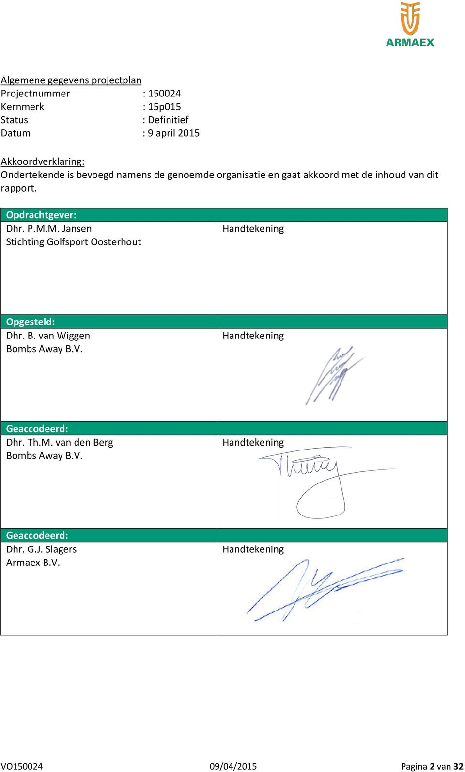 M. Jansen Stichting Golfsport Oosterhout Handtekening Opgesteld: Dhr. B. van Wiggen Bombs Away B.V. Handtekening Geaccodeerd: Dhr.