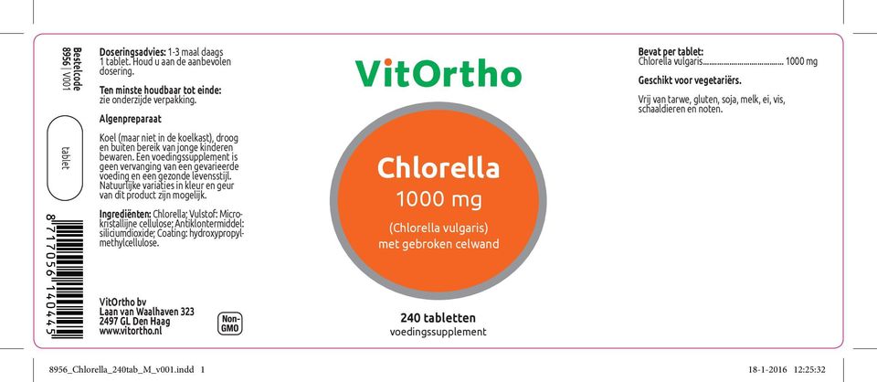 hydroxypropylmethylcellulose. Chlorella 1000 mg (Chlorella vulgaris) met gebroken celwand 240 ten Chlorella vulgaris.