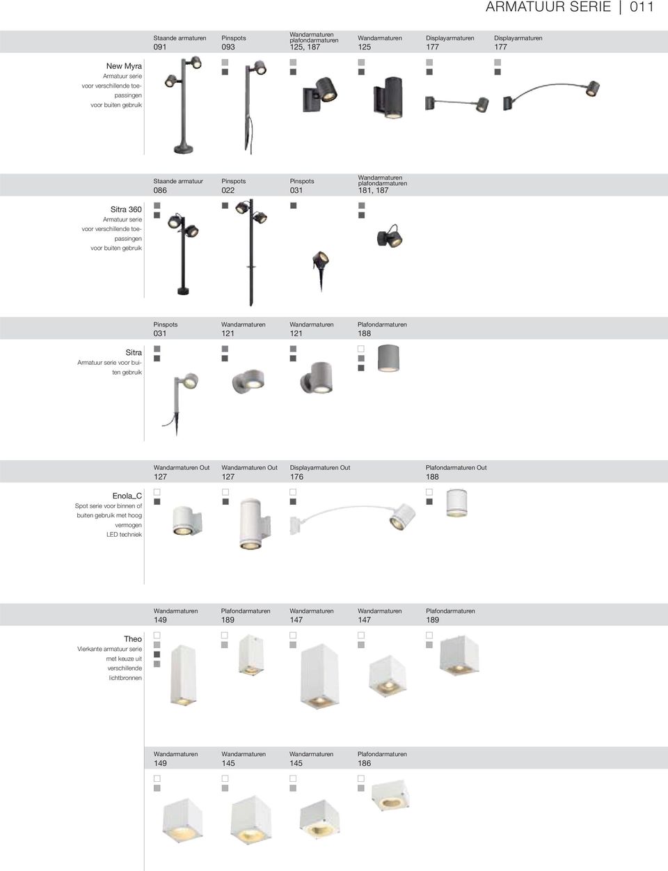 Pinspots 031 Wandarmaturen 121 Wandarmaturen 121 Plafondarmaturen 188 Sitra Armatuur serie voor buiten gebruik Wandarmaturen Out 127 Wandarmaturen Out 127 Displayarmaturen Out 176 Plafondarmaturen