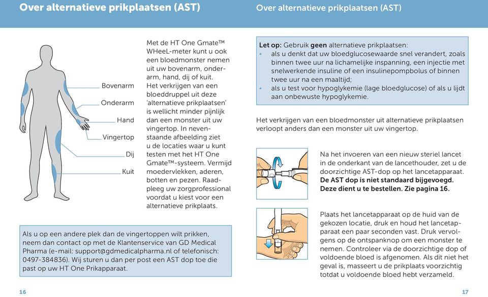 In nevenstaande afbeelding ziet u de locaties waar u kunt testen met het HT One Gmate -systeem. Vermijd moedervlekken, aderen, botten en pezen.