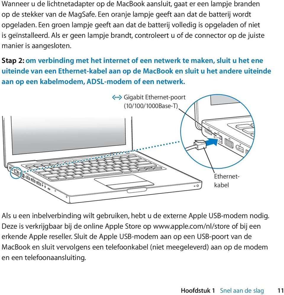 Stap 2: om verbinding met het internet of een netwerk te maken, sluit u het ene uiteinde van een Ethernet-kabel aan op de MacBook en sluit u het andere uiteinde aan op een kabelmodem, ADSL-modem of