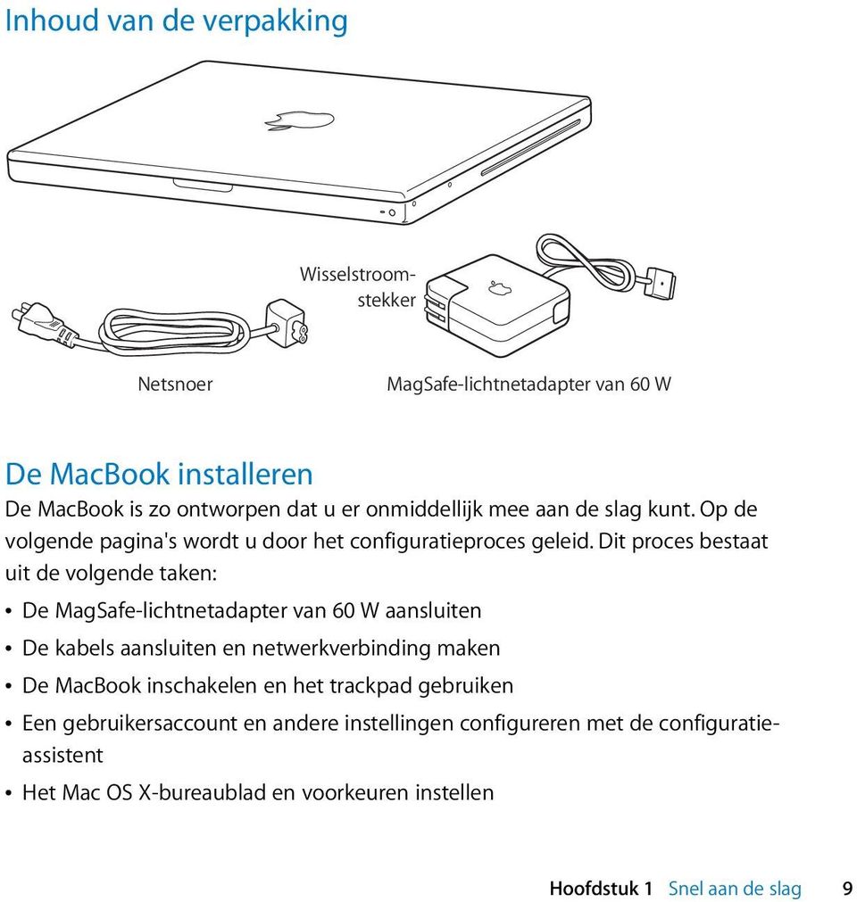 instellen Wisselstroomstekker Netsnoer MagSafe-lichtnetadapter van 60 W De MacBook installeren De MacBook is zo ontworpen dat u er onmiddellijk mee aan
