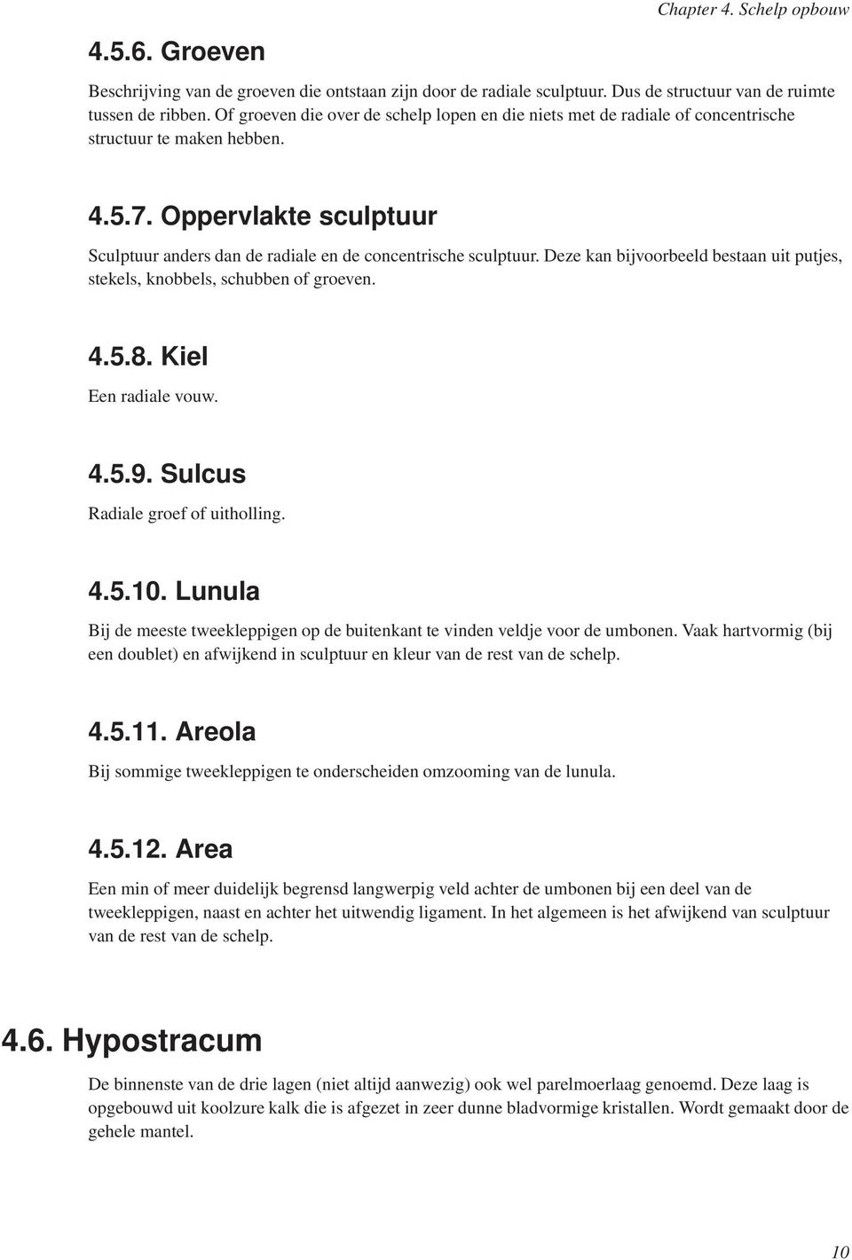 Deze kan bijvoorbeeld bestaan uit putjes, stekels, knobbels, schubben of groeven. 4.5.8. Kiel Een radiale vouw. 4.5.9. Sulcus Radiale groef of uitholling. 4.5.10.