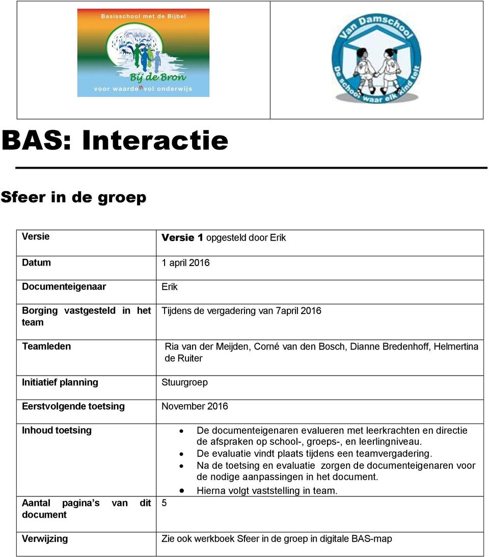 documenteigenaren evalueren met leerkrachten en directie de afspraken op school-, groeps-, en leerlingniveau. De evaluatie vindt plaats tijdens een teamvergadering.