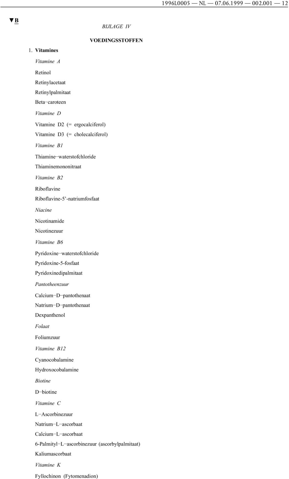 Thiaminemononitraat Vitamine B2 Riboflavine Riboflavine-5 -natriumfosfaat Niacine Nicotinamide Nicotinezuur Vitamine B6 Pyridoxine waterstofchloride Pyridoxine-5-fosfaat Pyridoxinedipalmitaat