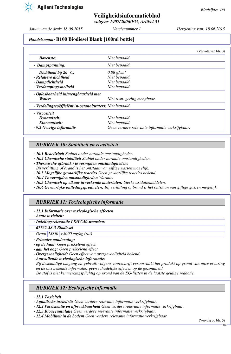 3) RUBRIEK 10: Stabiliteit en reactiviteit 10.1 Reactiviteit Stabiel onder normale omstandigheden. 10.2 Chemische stabiliteit Stabiel onder normale omstandigheden.