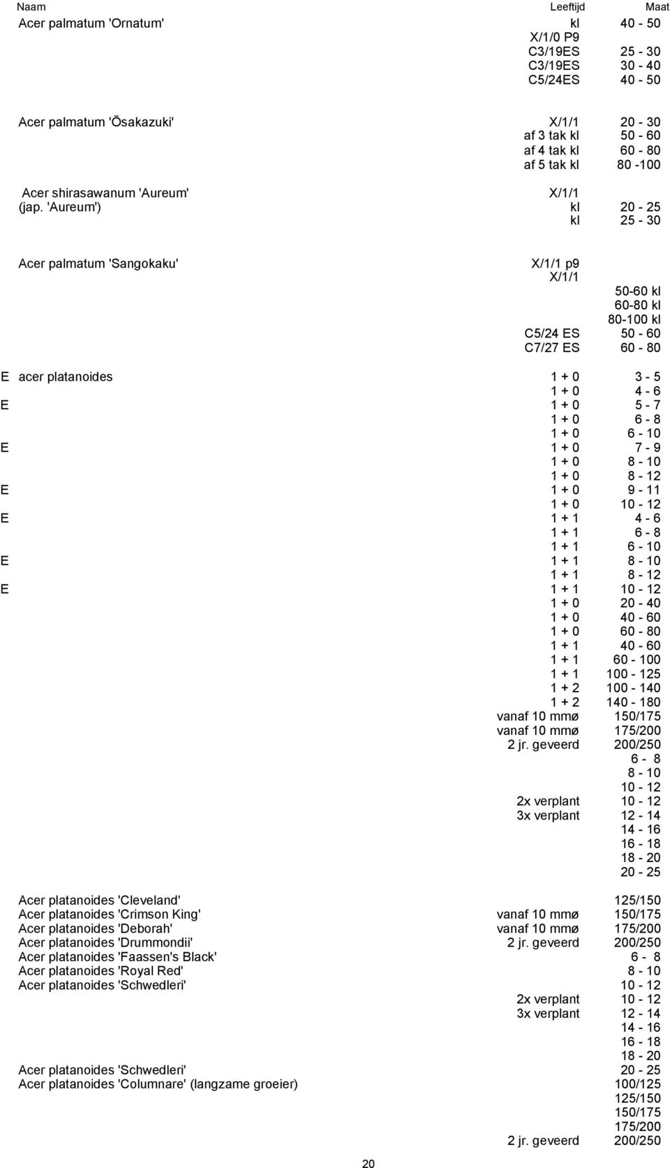 'Aureum') kl kl 25-30 Acer palmatum 'Sangokaku' X/1/1 p9 X/1/1 50-60 kl 60-80 kl 80-100 kl C5/24 ES 50-60 C7/27 ES 60-80 E acer platanoides 1 + 0 3-5 1 + 0 4-6 E 1 + 0 5-7 1 + 0 1 + 0 6-10 E 1 + 0