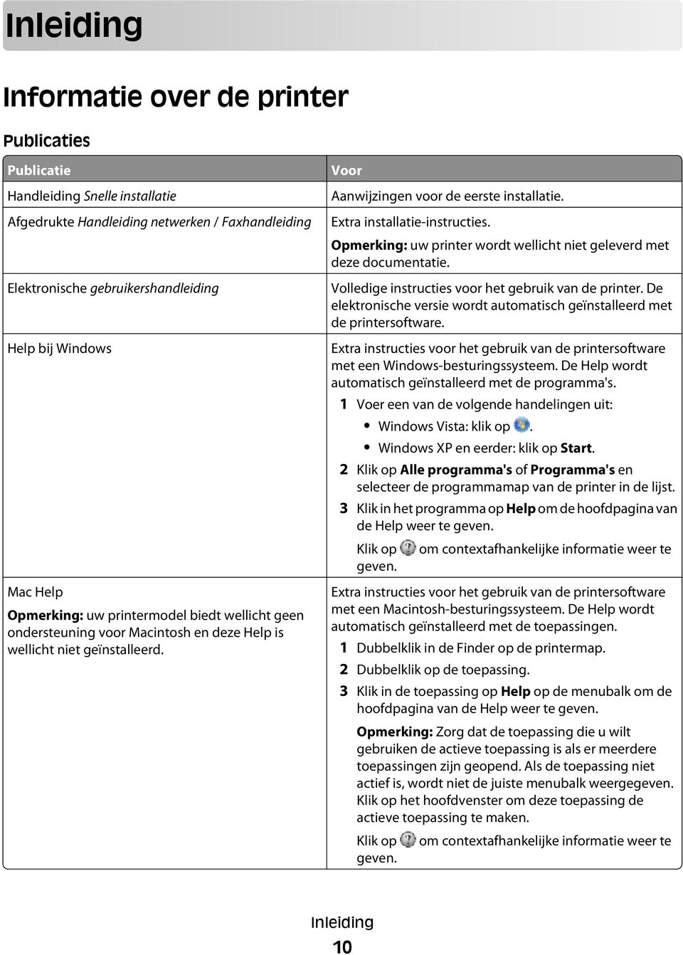 Extra installatie-instructies. Opmerking: uw printer wordt wellicht niet geleverd met deze documentatie. Volledige instructies voor het gebruik van de printer.