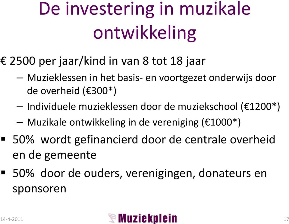 muziekschool ( 1200*) Muzikale ontwikkeling in de vereniging ( 1000*) 50% wordt gefinancierd door