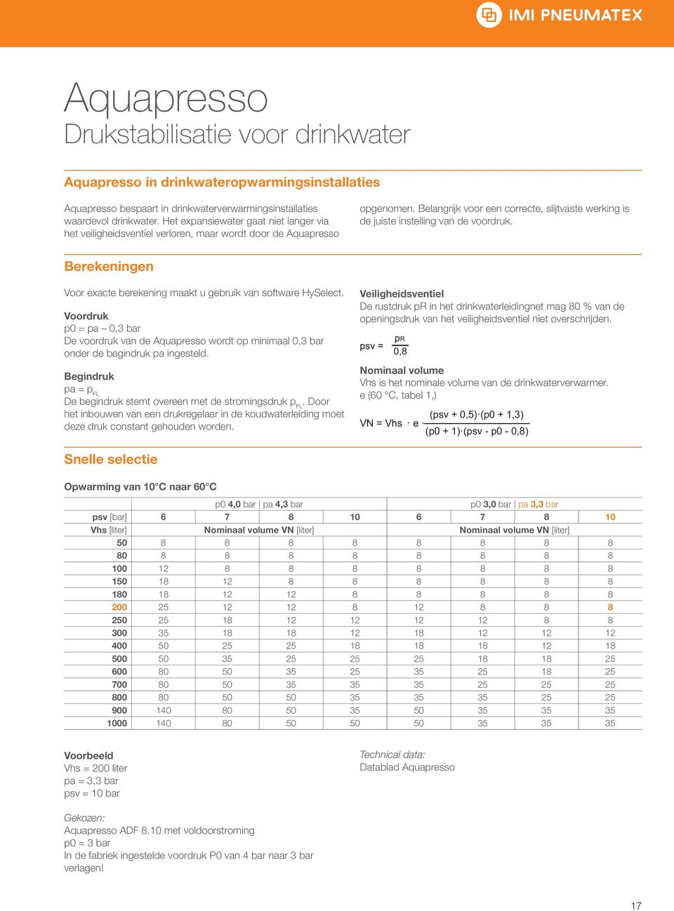 Belangrijk voor een correcte, slijtvaste werking is de juiste instelling van de voordruk. Berekeningen Voor exacte berekening maakt u gebruik van software HySelect.