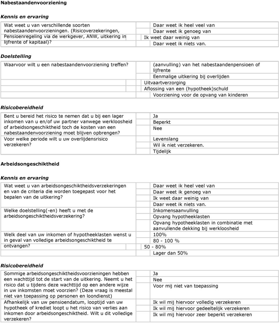 (aanvulling) van het nabestaandenpensioen of lijfrente Eenmalige uitkering bij overlijden Uitvaartverzorging Aflossing van een (hypotheek)schuld Voorziening voor de opvang van kinderen inkomen van u