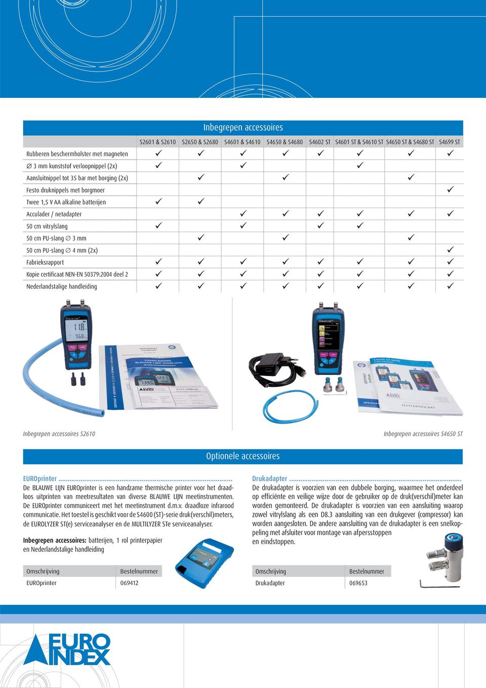 PU-slang 4 mm (2x) Fabrieksrapport Kopie certificaat NEN-EN 50379:2004 deel 2 Nederlandstalige handleiding Inbegrepen accessoires S2610 Inbegrepen accessoires S4650 ST Optionele accessoires