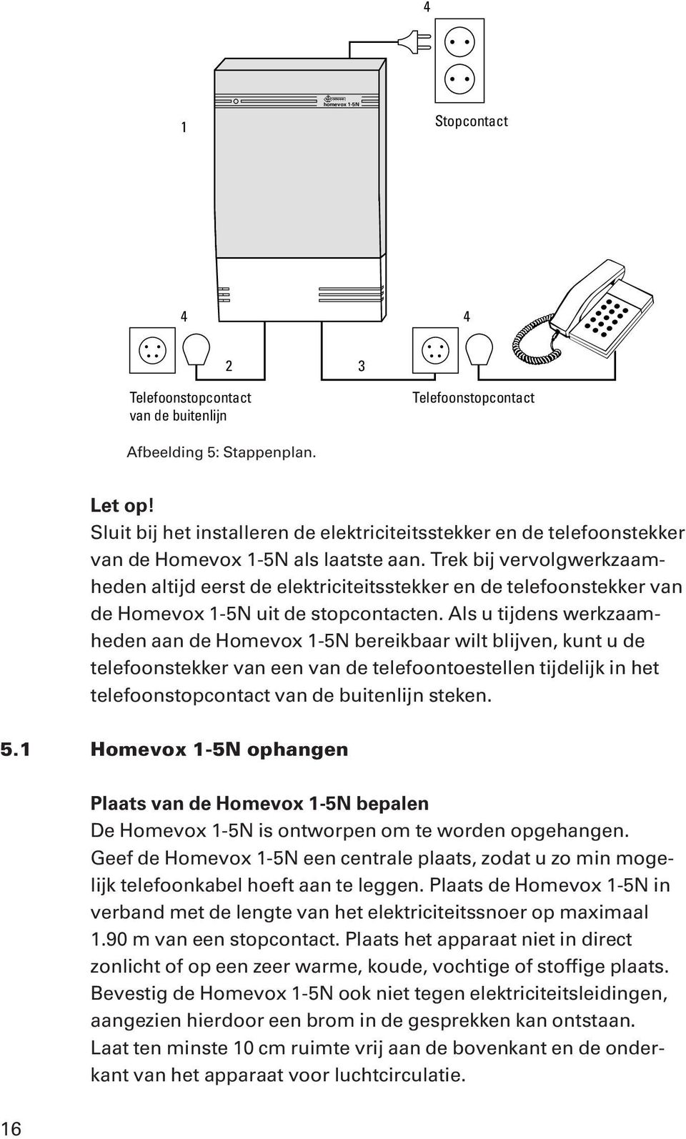 Trek bij vervolgwerkzaamheden altijd eerst de elektriciteitsstekker en de telefoonstekker van de Homevox 1-5N uit de stopcontacten.