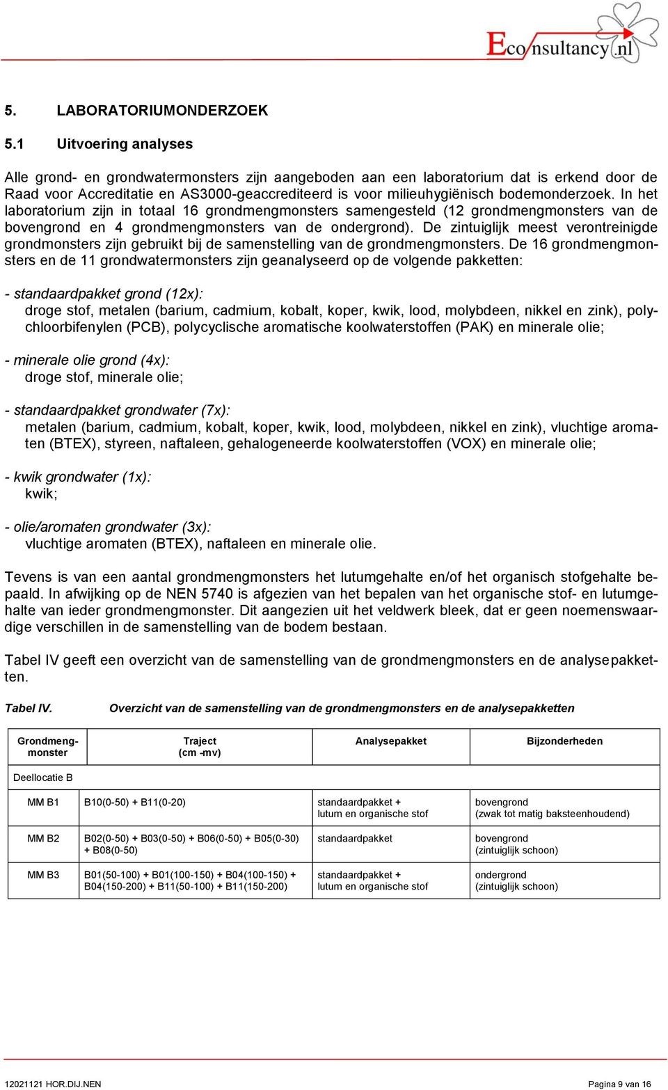 In het laboratorium zijn in totaal 6 grondmengmonsters samengesteld (2 grondmengmonsters van de bovengrond en 4 grondmengmonsters van de ondergrond).