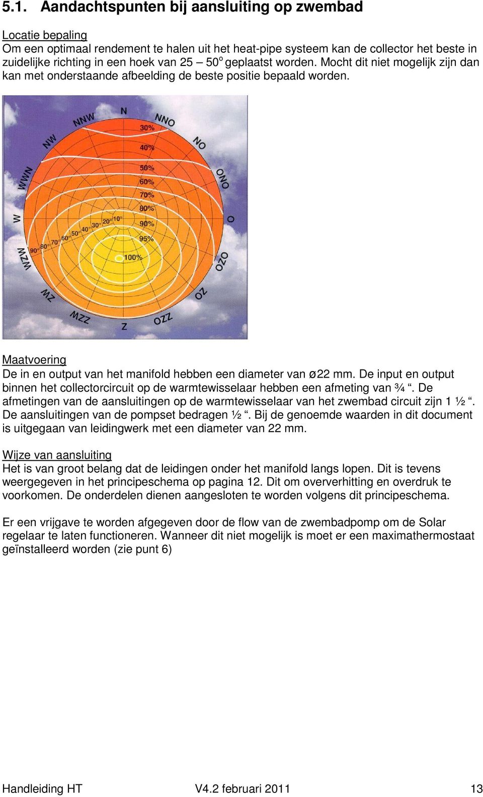 De input en output binnen het collectorcircuit op de warmtewisselaar hebben een afmeting van ¾. De afmetingen van de aansluitingen op de warmtewisselaar van het zwembad circuit zijn 1 ½.