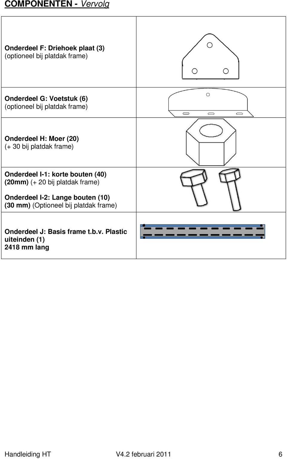 bouten (40) (20mm) (+ 20 bij platdak frame) Onderdeel I-2: Lange bouten (10) (30 mm) (Optioneel bij