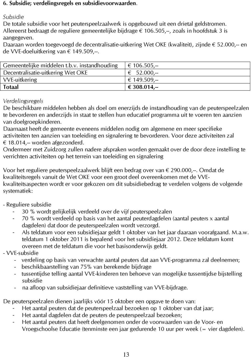 000,-- en de VVE-doeluitkering van 149.509,--. Gemeentelijke middelen t.b.v. instandhouding 106.505,-- Decentralisatie-uitkering Wet OKE 52.000,-- VVE-uitkering 149.509,-- Totaal 308.