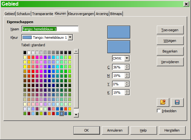 Afbeelding 10: Dialoogvenster Kleuren Kleuren kiezen en definiëren Gebruik Beeld > Werkbalken > Kleurenbalk om het huidige kleurenpalet (Afbeelding 10) weer te geven.