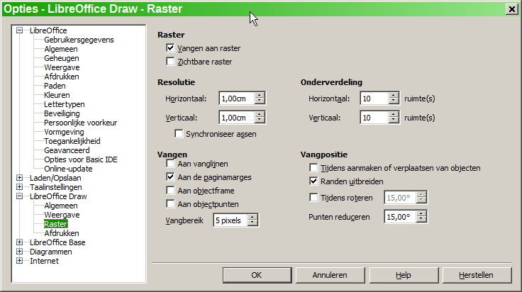 Een raster configureren De resolutie, vangen en vangpositie van de rasterpunten kunnen ingesteld worden.