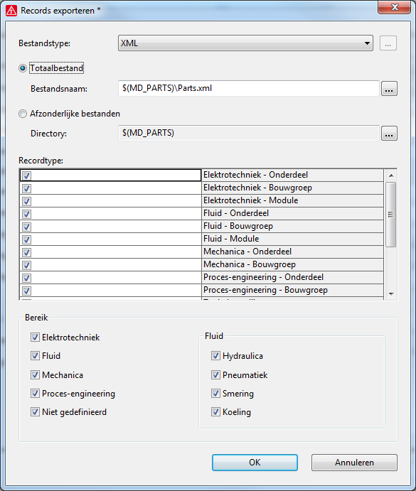 Het Records exporteren venster wordt geopend. U dient de bestaande data te exporteren als een XML bestand. 4.