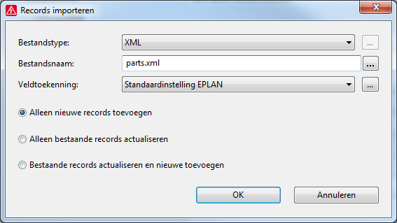 Het venster Records importeren opent. Importeer het eerder opgeslagen XML-bestand. 2.