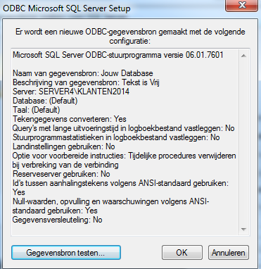 Klik in het venster ODBC Microsoft Server Setup onderaan op Gegevensbron testen en op OK.