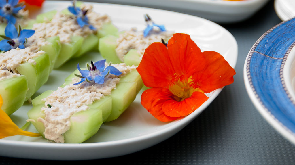 Komkommerschuitjes gevuld met tonijn Ingrediënten 1 komkommer blikje tonijn op water 1 el creme fraiche demi augurkjes of kappertjes 1 tl paprikapoeder Bereiding Snij de komkommer in de lengte