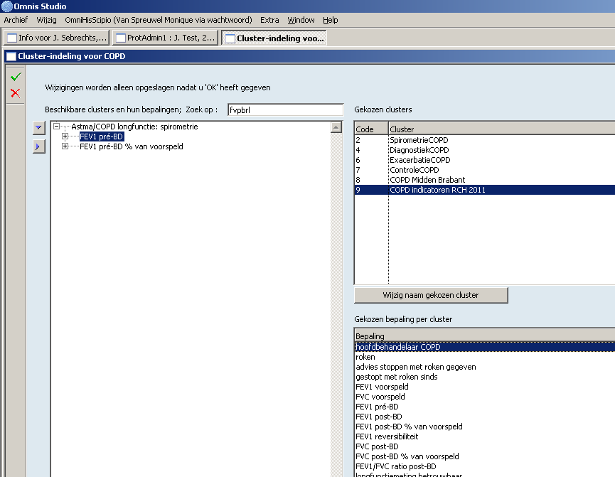 FEV1- pre BD bevindt zich in het cluster [Astma/COPD longfunctie: spirometrie], Deze is echter alleen zichtbaar in dit cluster als het tabblad [alle clusters is aangeklikt] FVC- pre BD bevindt zich