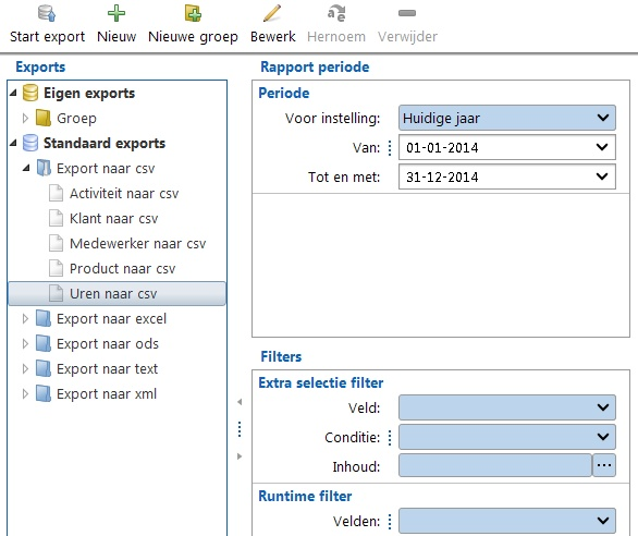 Exports Er zijn in TimeWriter Standaard diverse export mogelijkheden beschikbaar, gerangschikt in diverse groepen. Kies Rapportage Exports in de Module verkenner.