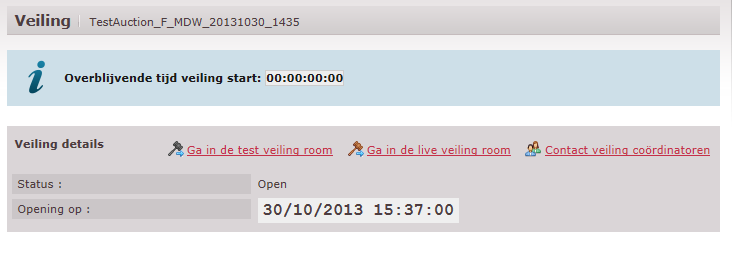 3.6 Hoe toegang krijgen tot de live veiling room? In de live veiling room zal de echte elektronische veiling plaatsvinden. De veiling zal starten en eindigen volgens de ingestelde parameters.