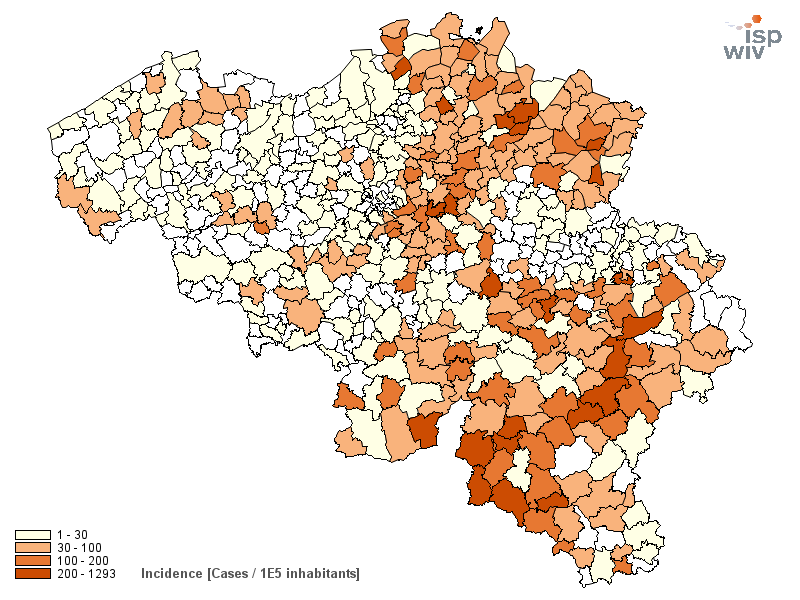 Hoewel er dus meer tekenbeten gemeld werden in Vlaanderen dan in Wallonië moet bij de interpretatie van de geografische spreiding o.a. rekening worden gehouden met de bevolkingsdichtheid.
