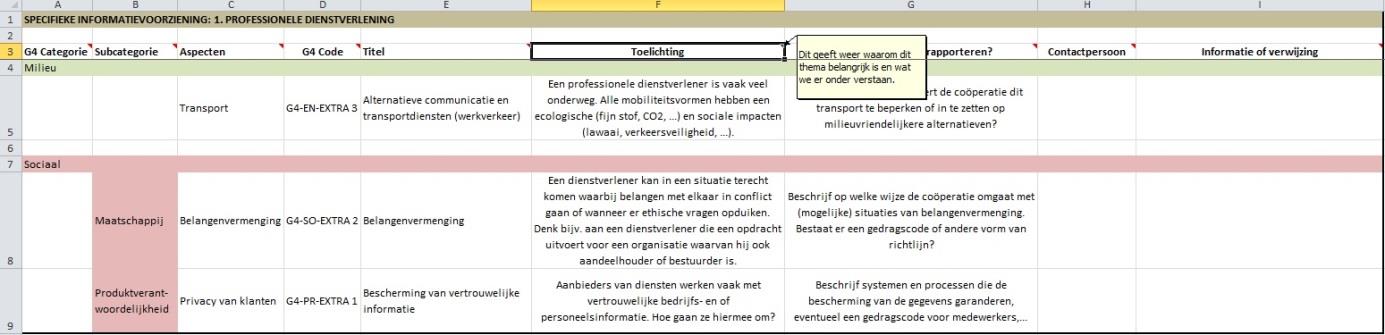 Het bevat aparte werkbladen voor de Stam en de 3 geïdentificeerde activiteiten (de takken). Elke werkblad bestaat uit een aantal kolommen.