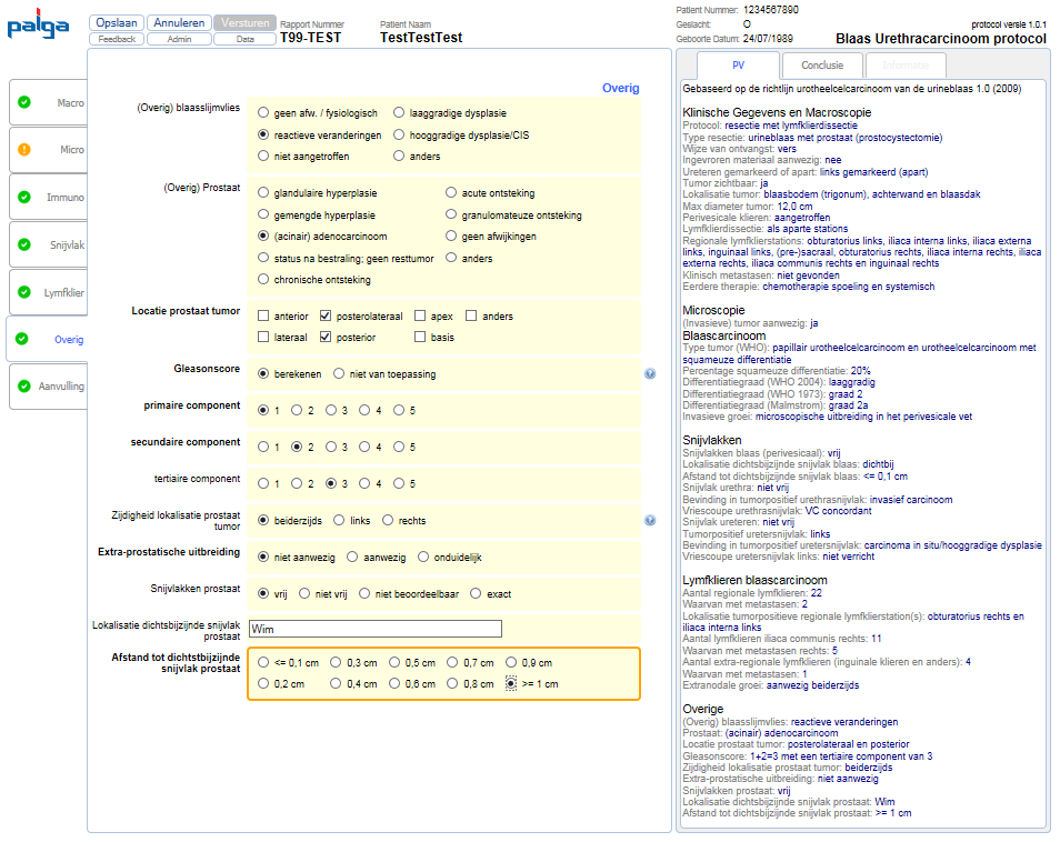 Handleiding Protocol Blaas Urethracarcinoom Pagina 20 van 40 Scherm 6 Overig (Resectie) Toelichting Rubriek (Overig) blaasslijmvlies: De rubriek is verplicht om in te vullen.