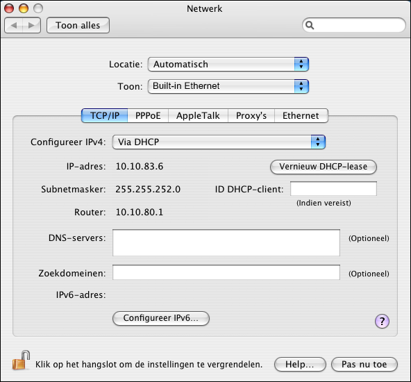 NETWERKINSTELLINGEN 11 Mac OS 10.4: kies het type LAN-kaart of Ingebouwd Ethernet in het menu Toon voor het TCP/IP-netwerk.