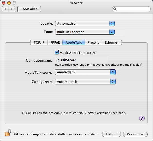 NETWERKINSTELLINGEN 9 Mac OS 10.4: kies Ingebouwd Ethernet in het menu Toon en klik op het tabblad AppleTalk. 3 Schakel de optie Maak AppleTalk actief in.