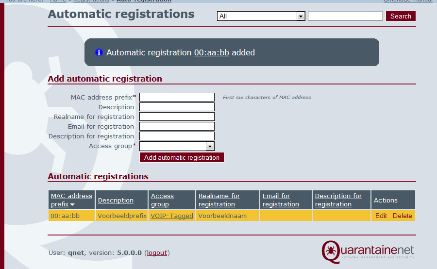 Afbeelding 26: auto-registrations U kunt de volgende gegevens invullen: MAC address prefix Description Realname for registration Email for registration Description for registration Access group De