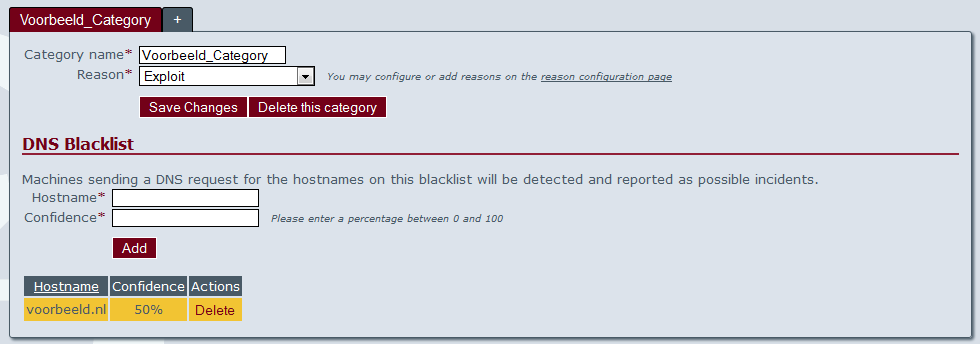 Afbeelding 33: Het aanmaken van een blacklist voor een Custom Category Hostname* Confidence* De hostname die u aan de blacklist wilt toevoegen.